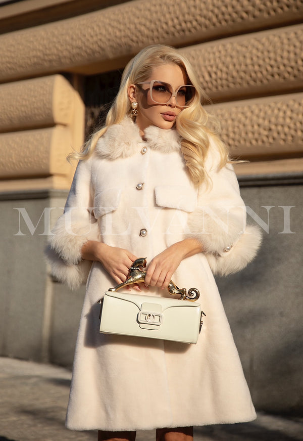 White Lambswool Coat with Pearl Details
