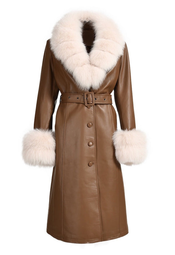Brown Leather Trench Coat with Beige Fur