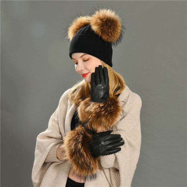 Black Leather Gloves with Fox Fur