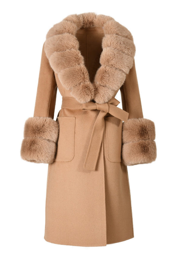 Camel Cashmere coat with Premium Faux Fur