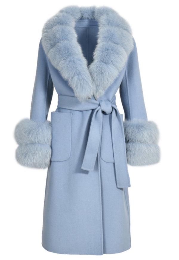 Baby Blue Cashmere coat with Premium Faux Fur
