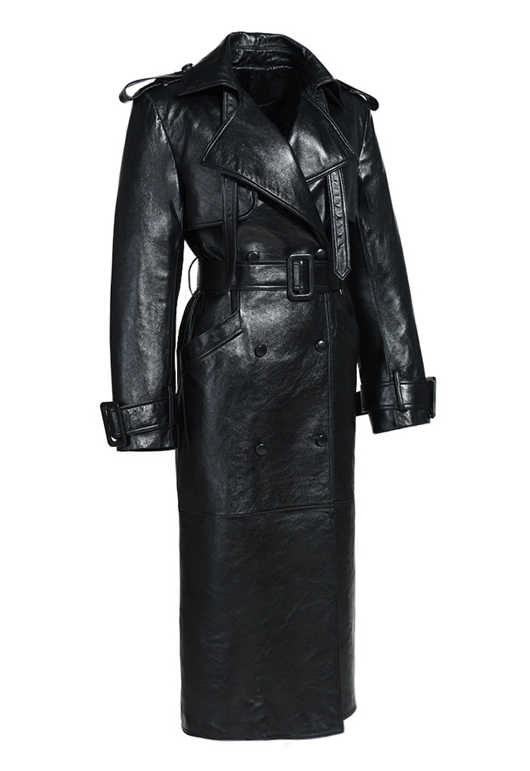 Elegant designer black leather trench coat for woman with unique wrist detailing for added flair.