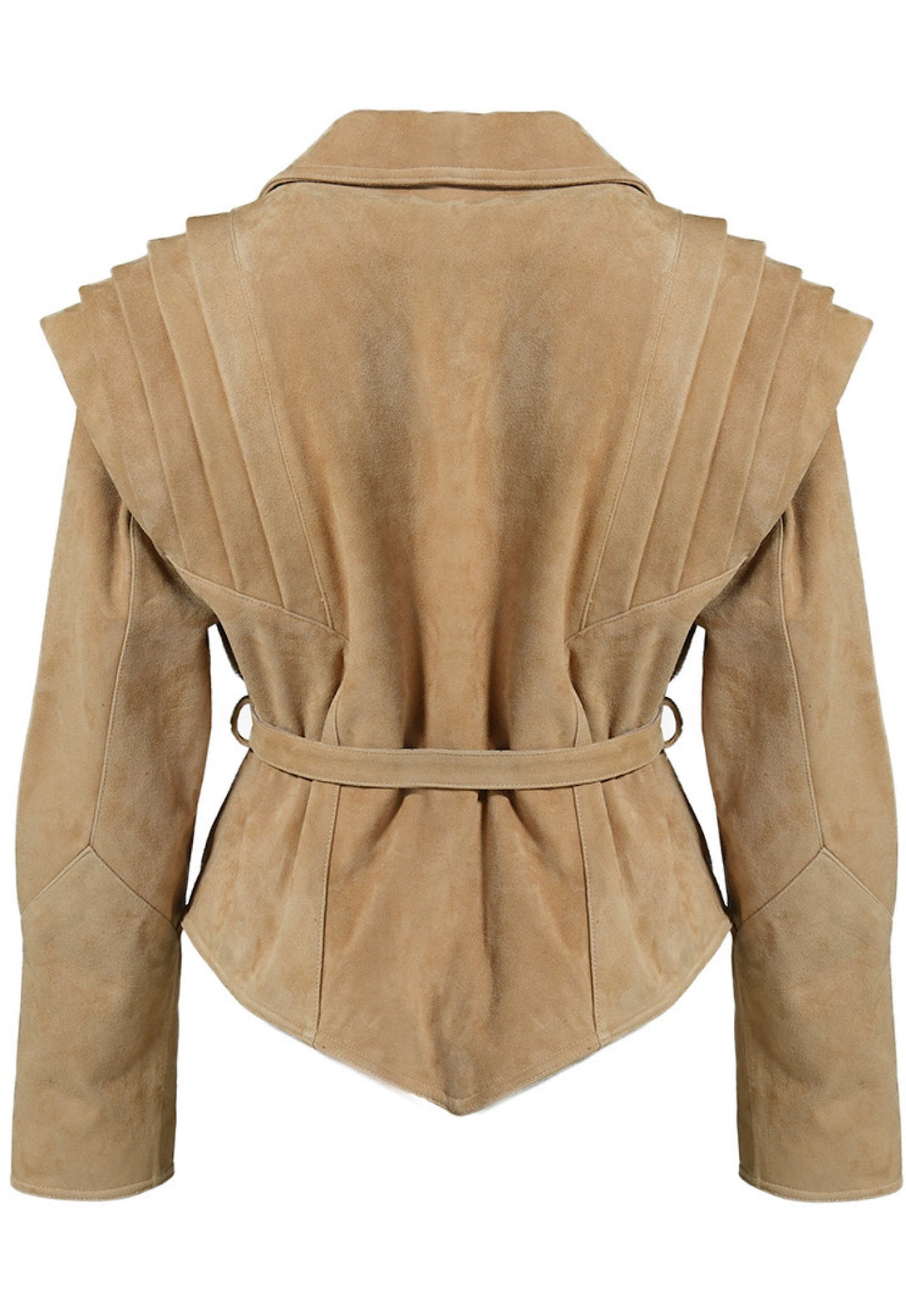 Back of a Classic modern beige suede jacket for woman showcasing high quality. 