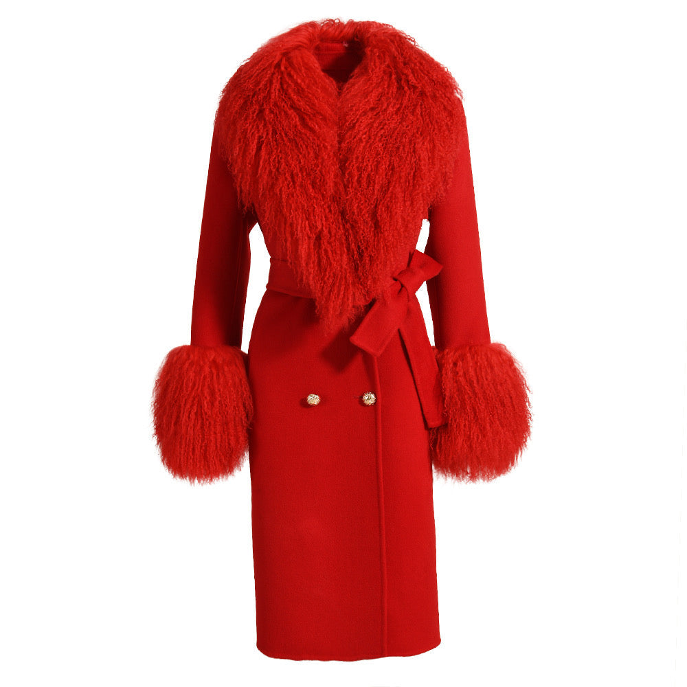 Red Cashmere Coat with Mongolian Fur, detachable collar and cuffs, golden buttons, cashmere belt, chic and elegant winter wear.