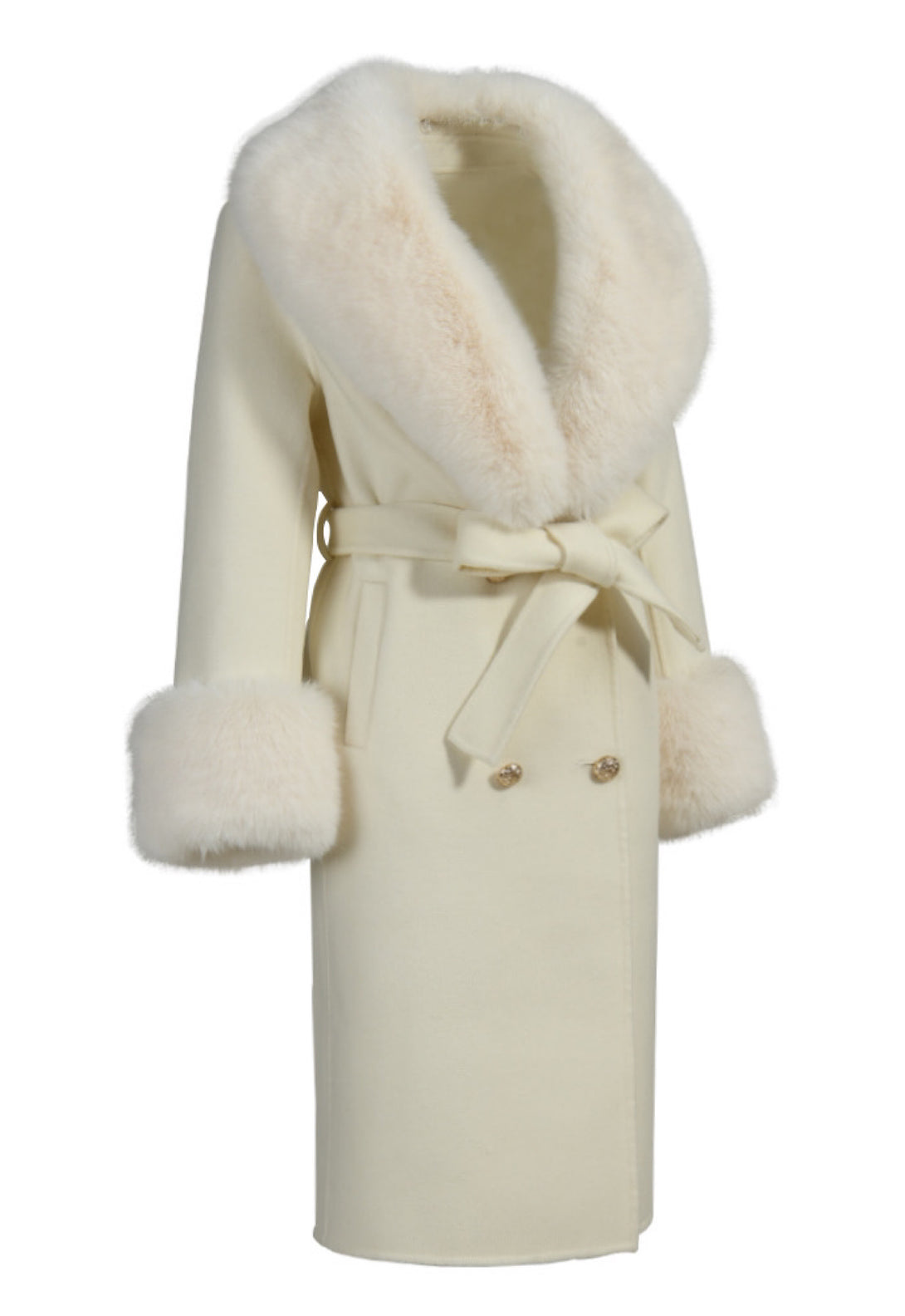 Stylish and chic white coat made from soft cashmere, adorned with plush faux fur accents, perfect for adding a touch of warmth and glamour to any outfit.