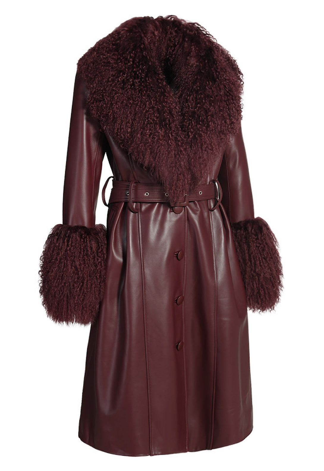 A women's burgundy trench coat with a luxurious Mongolian fur collar, adding texture and warmth. The coat has a double-breasted design, a belted waist, and a knee-length silhouette, combining elegance with a touch of boldness.