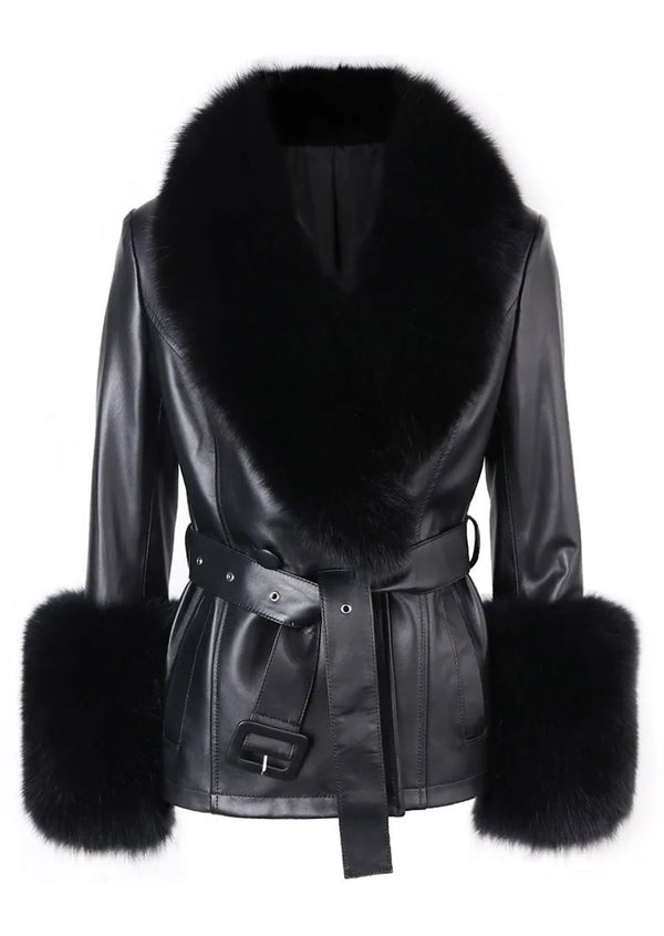 Black Leather Jacket with Fox Fur