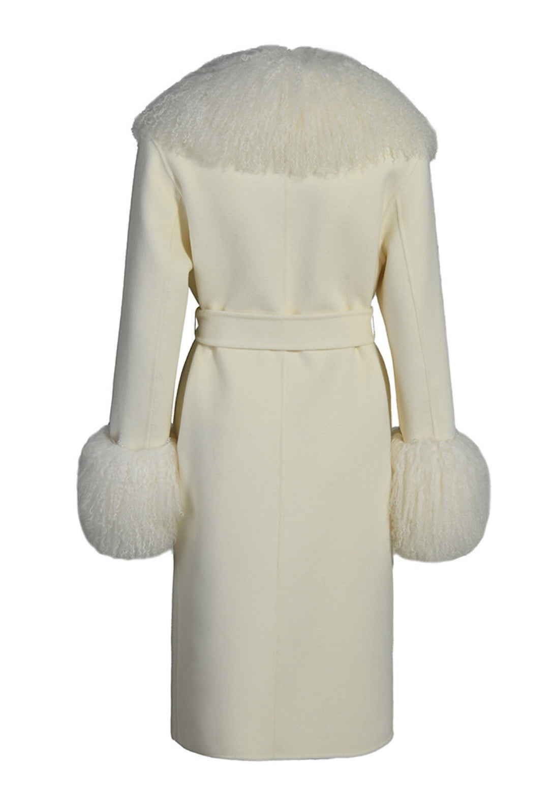 Sophisticated off-white cashmere coat with Mongolian fur perfect for a refined and formal look.