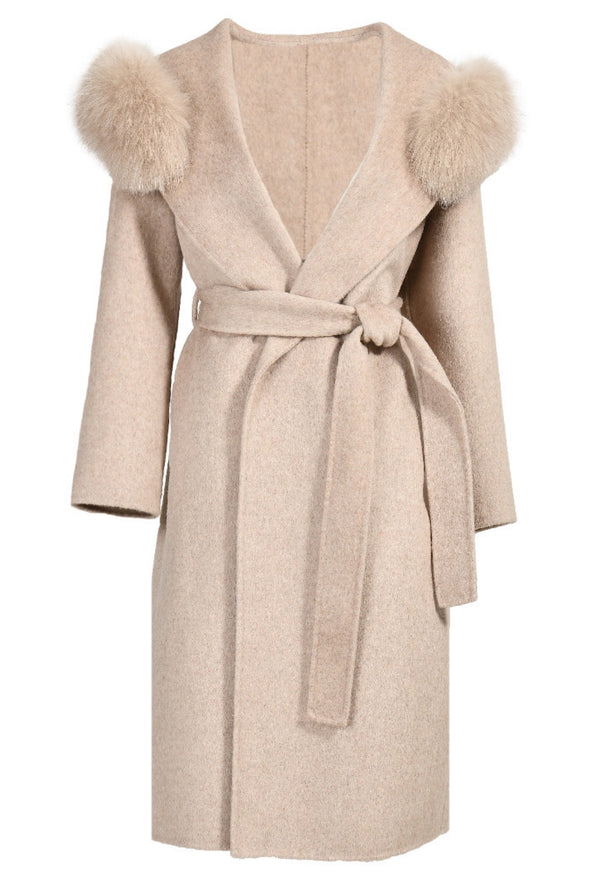 Hooded Cashmere Coat with Fox Fur