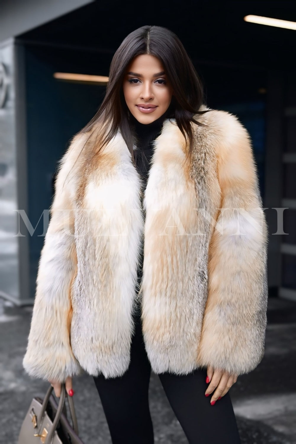 A woman dressed in a short gold crossed fox fur coat, showcasing a plush, textured finish. The coat’s rich golden tones and structured fit create a striking, elegant appearance, perfect for adding glamour to winter outfits.