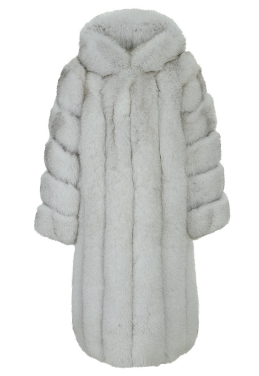 MOSCOW Natural Fox Fur Coat featuring a luxurious long design with soft, pale gray fox fur.