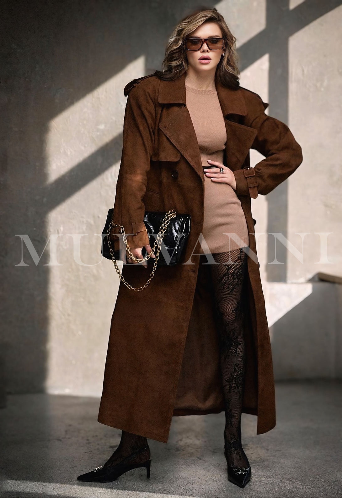 HATTI Suede Leather Trench Coat for woman, trendy winter designer coat with soft velvety texture, stylish and sophisticated look.