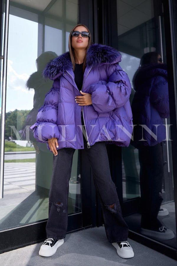 ROCHE Purple Down Fur Jacket with Fox Fur