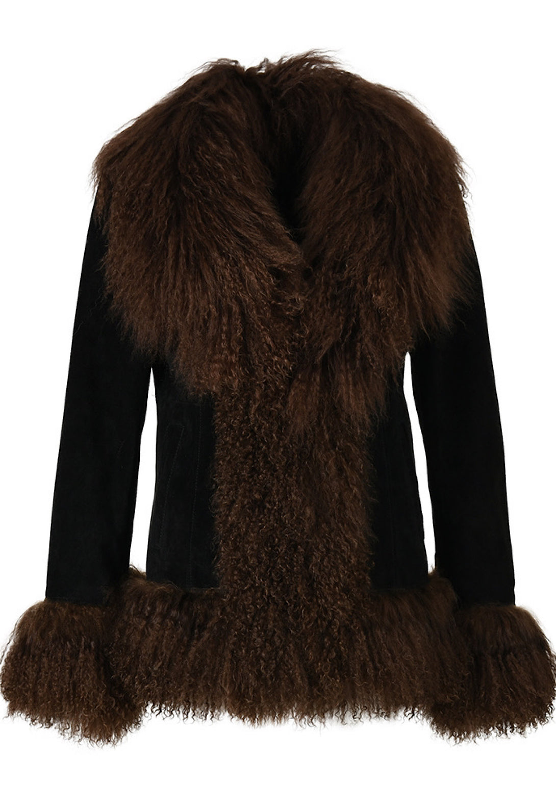 BLAIRE brown suede jacket with luxurious Mongolian fur trim, exuding vintage charm and modern style, designer quality piece.