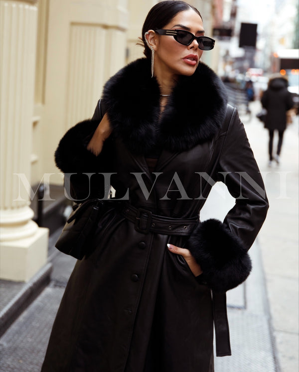 Black Leather Trench Coat with Fox Fur