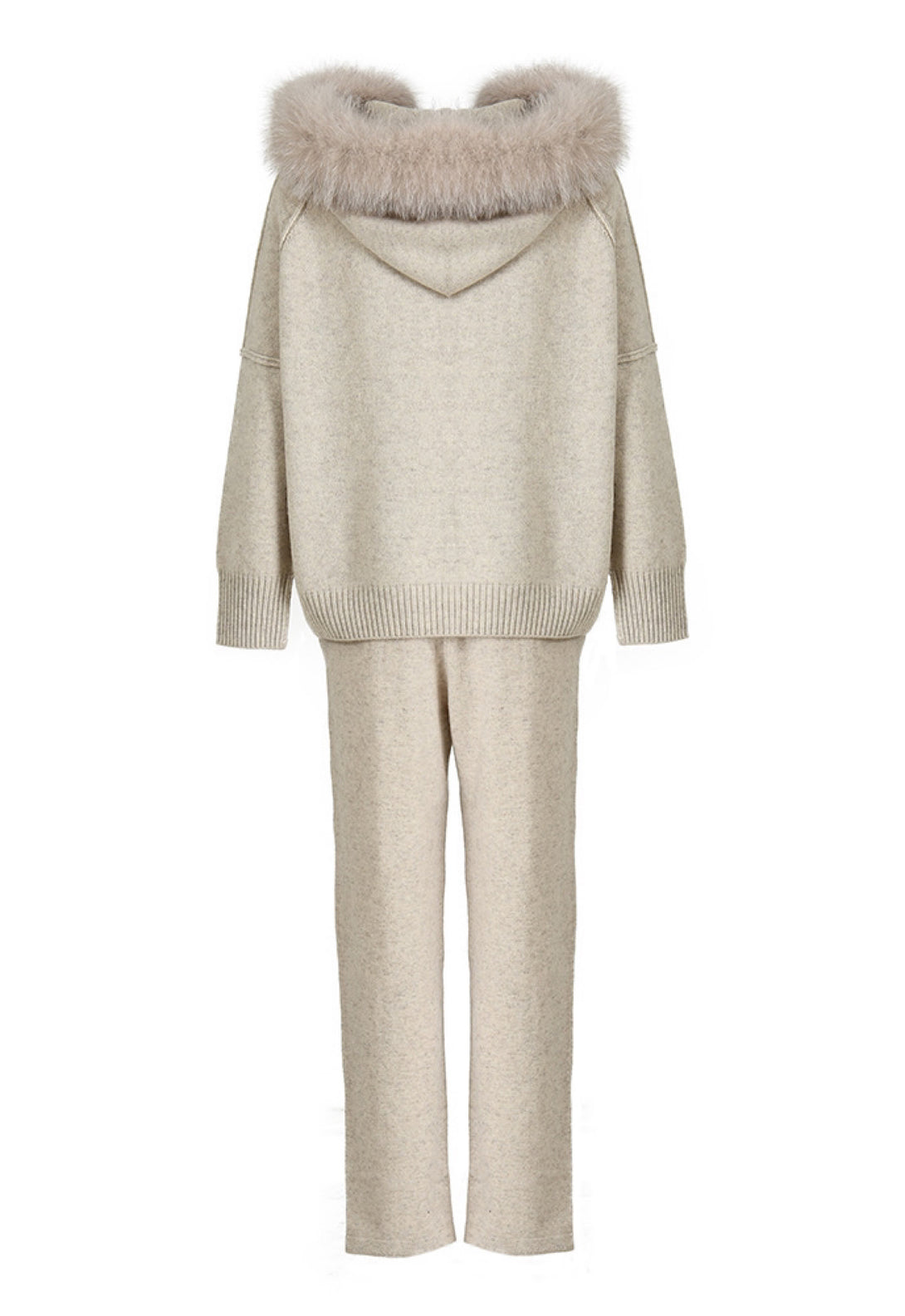 Latte Cashmere Tracksuit with fox fur super soft cashmere hoodie for women, luxurious and comfortable, perfect for a chic silhouette.