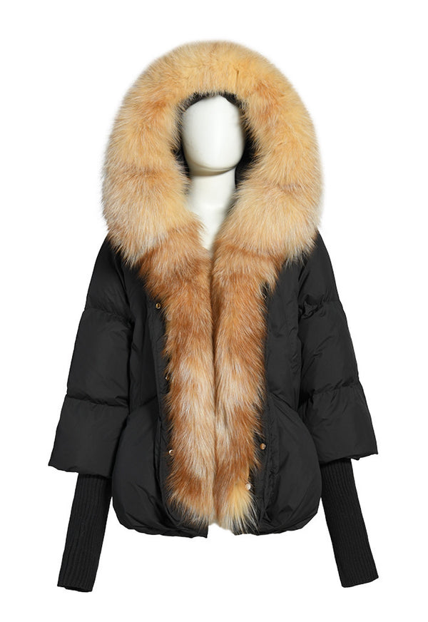 Black Down Jacket with Red Fox Fur