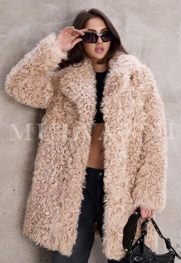 Chic woman wearing sunglasses and a trendy beige shearling coat ideal for winter style.