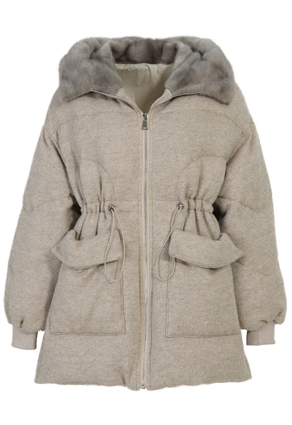 Hooded Wool Down Puffer with Mink Fur