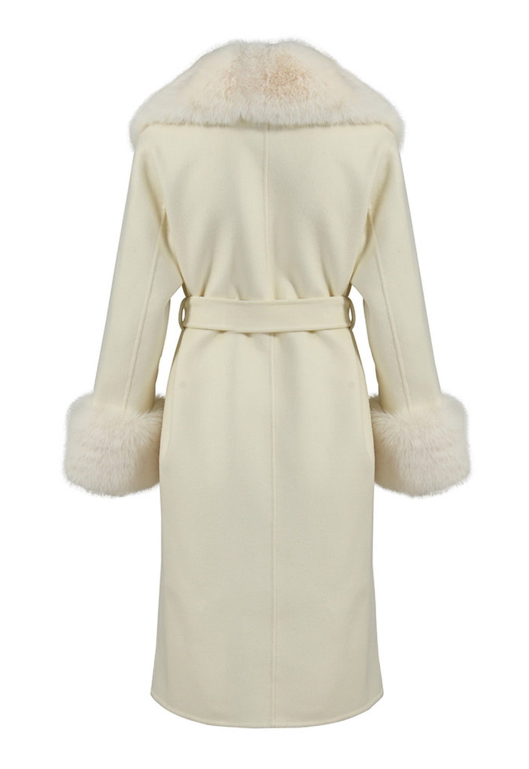 Classic white cashmere coat with faux fur detailing, offering a blend of comfort and chic style, ideal for cold-weather fashion.