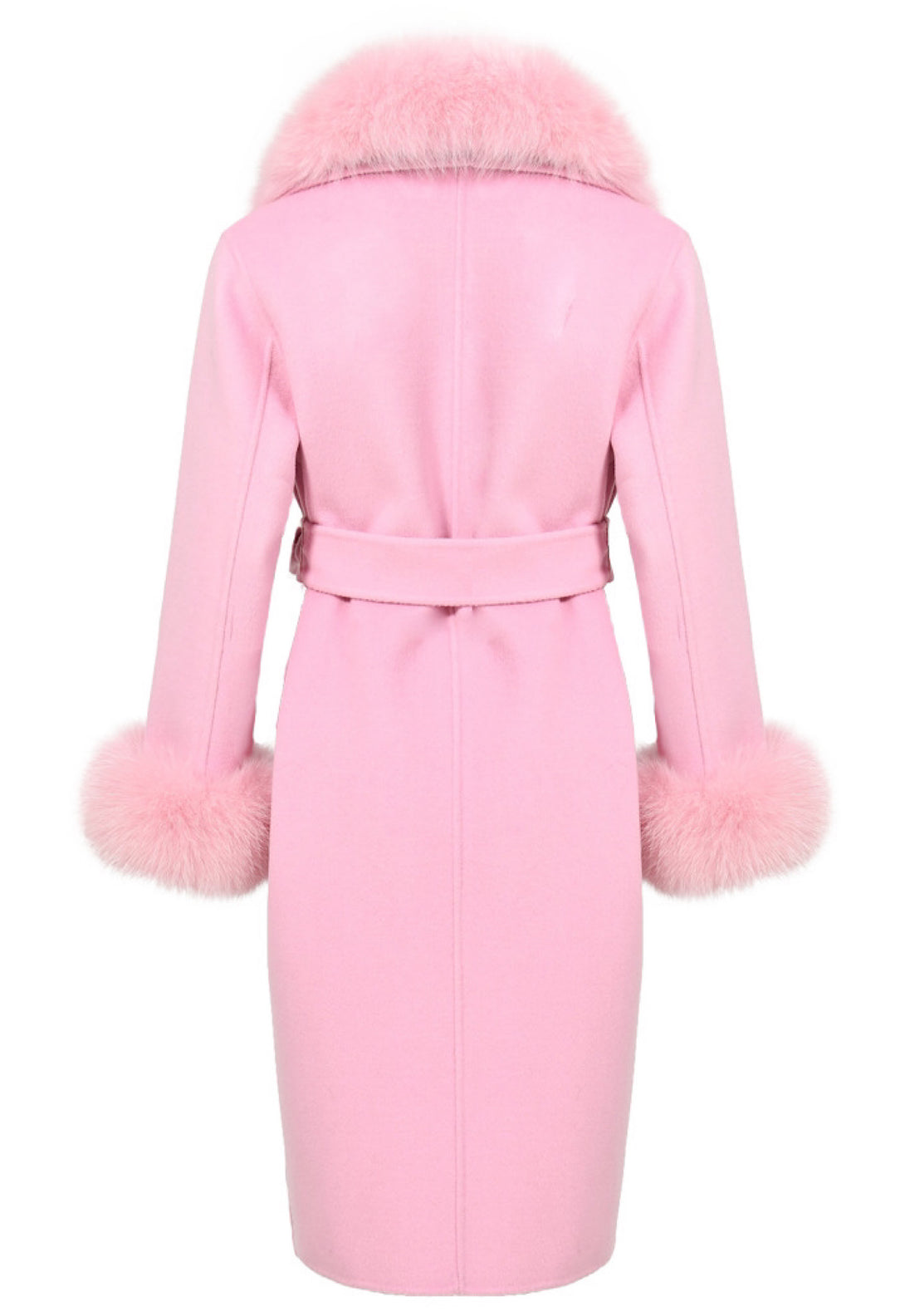 Sophisticated baby pink cashmere coat, adorned with fox fur collar and cuffs, with a cinched waist.