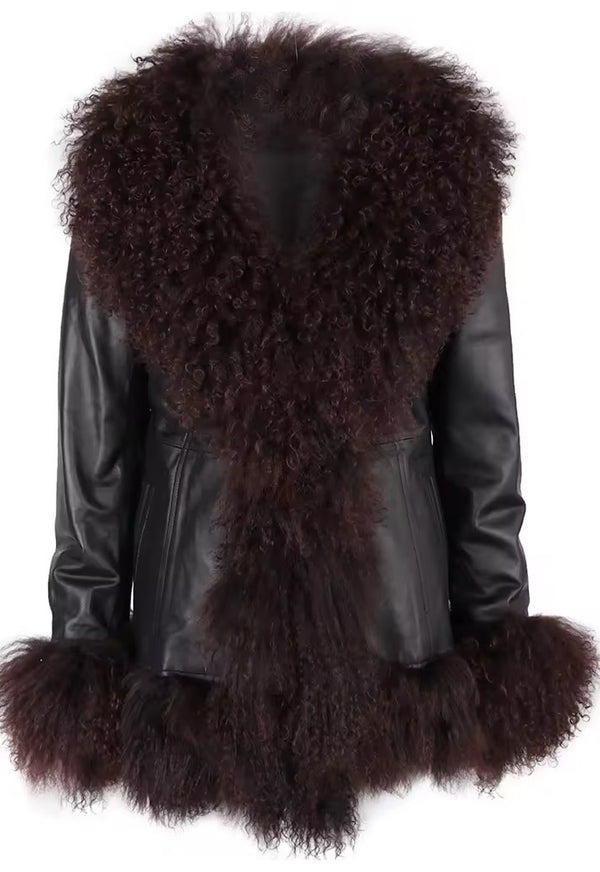 Trendy MILENA black leather jacket for this season, featuring luxurious brown Mongolian fur accents for a chic, modern style.