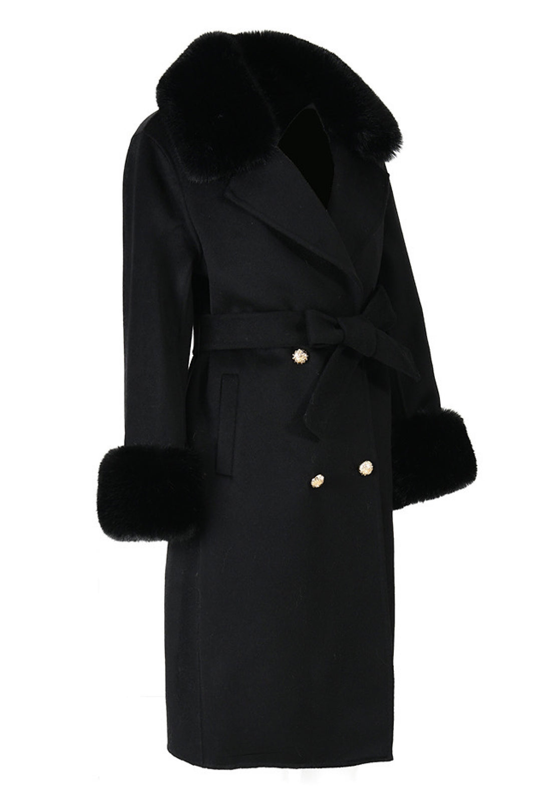 Stylish black coat made from soft cashmere, adorned with plush faux fur accents, perfect for adding a touch of warmth and glamour to any outfit.