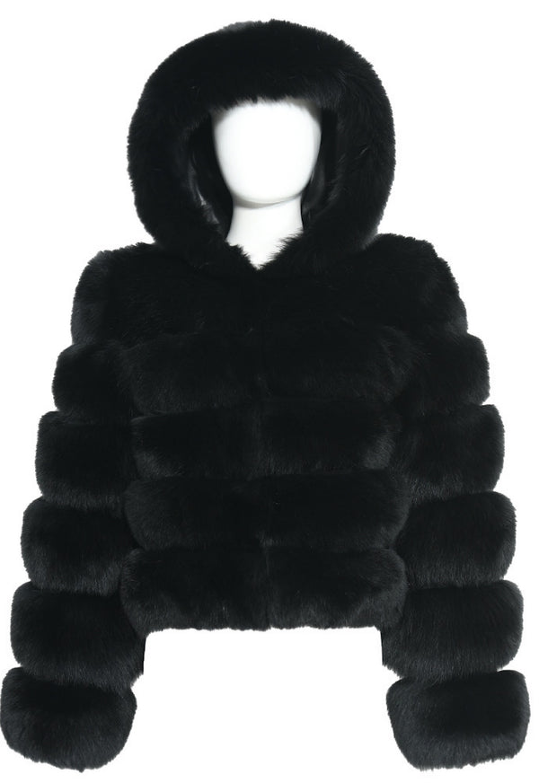 SERINA black hooded fox fur coat for women in soft luxury fur, designed with horizontal panels for winter warmth and style