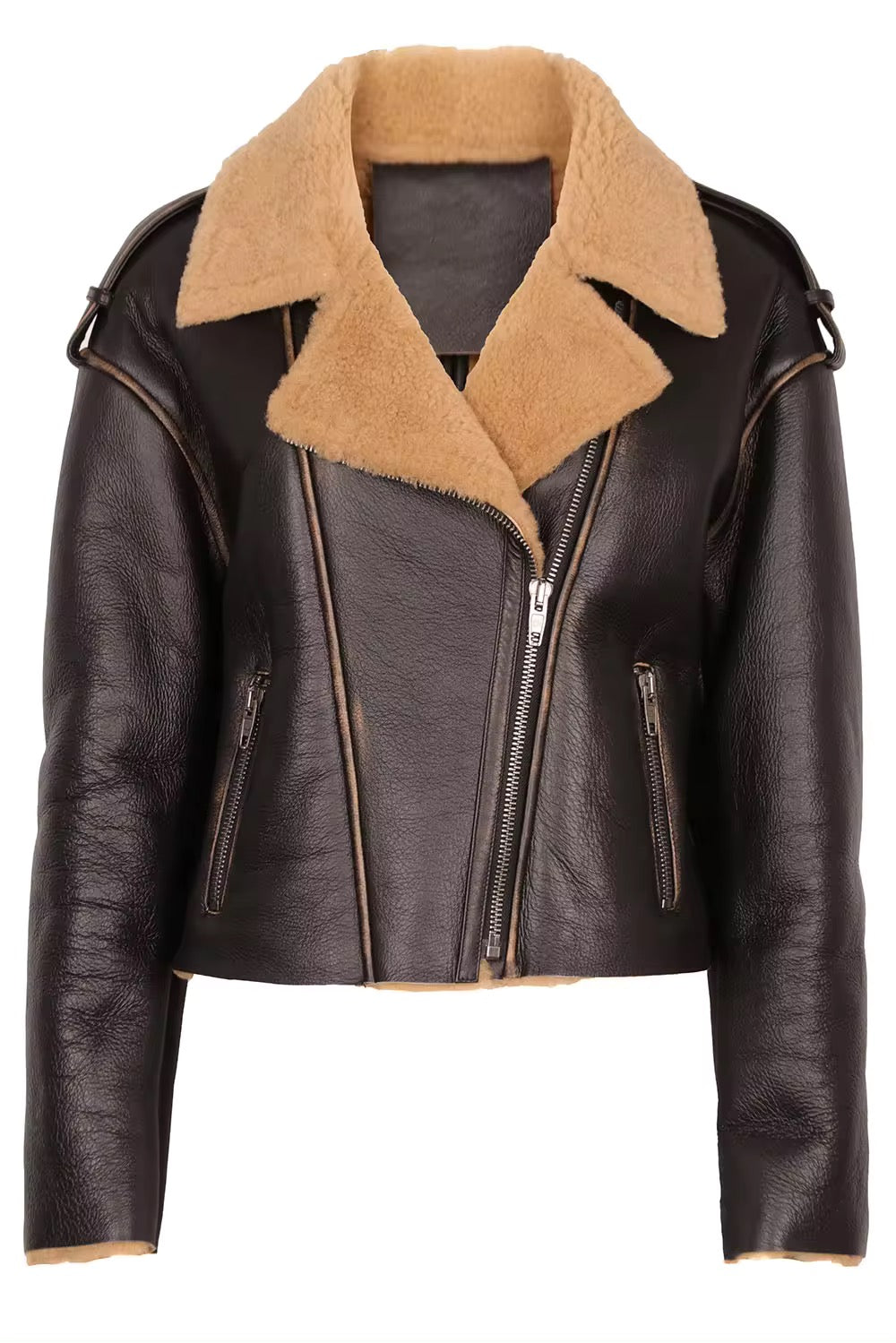 Stylish black shearling jacket for woman with a luxurious brown interior made from fine leather.