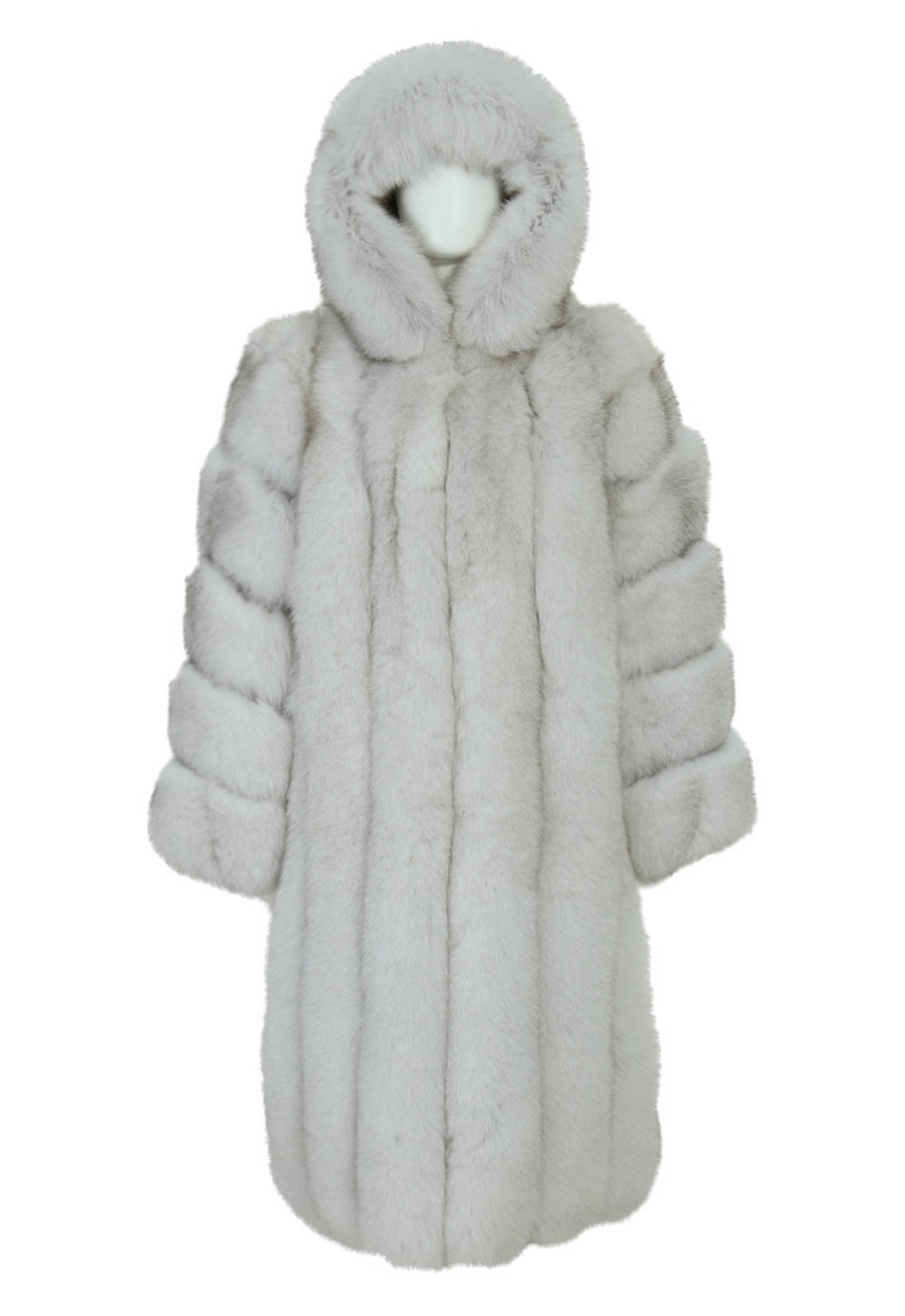 Elegant MOSCOW Fox Fur Coat, showcasing a full-length silhouette and premium natural fox fur.