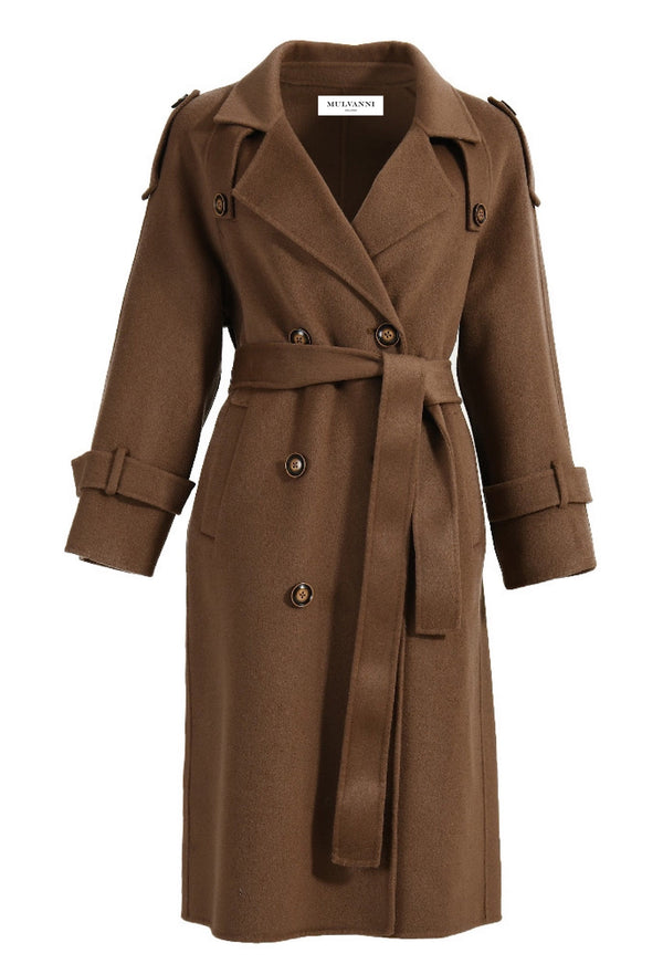 A stylish brown cashmere trench coat that combines elegance and warmth, perfect for transitioning between seasons.