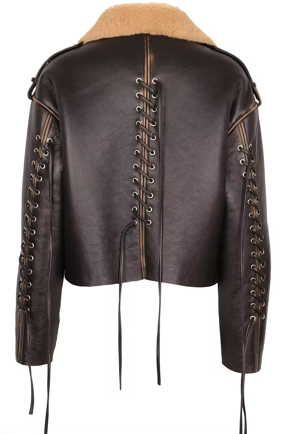 Designer high quality black leather shearling jacket for woman featuring a warm brown interior.