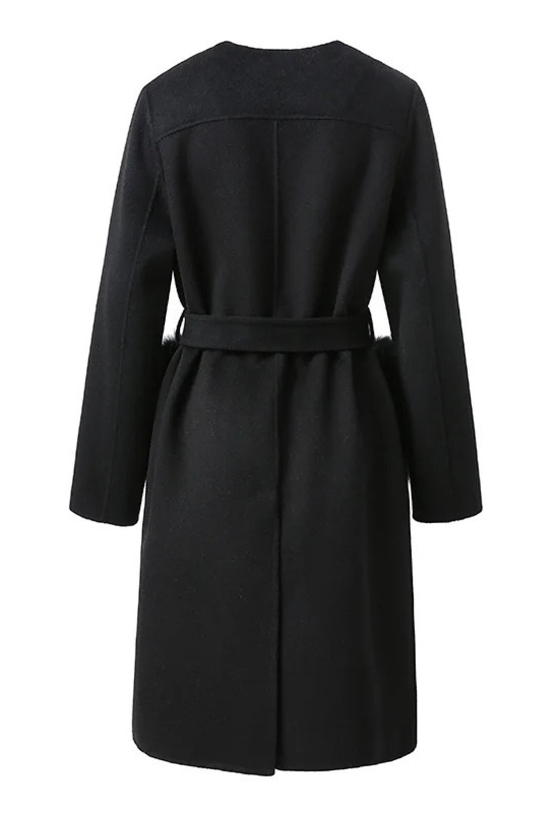 A sophisticated black cashmere coat with luxurious fur pockets, embodying timeless elegance. The coat's classic design and premium materials create a chic and warm option for colder weather.