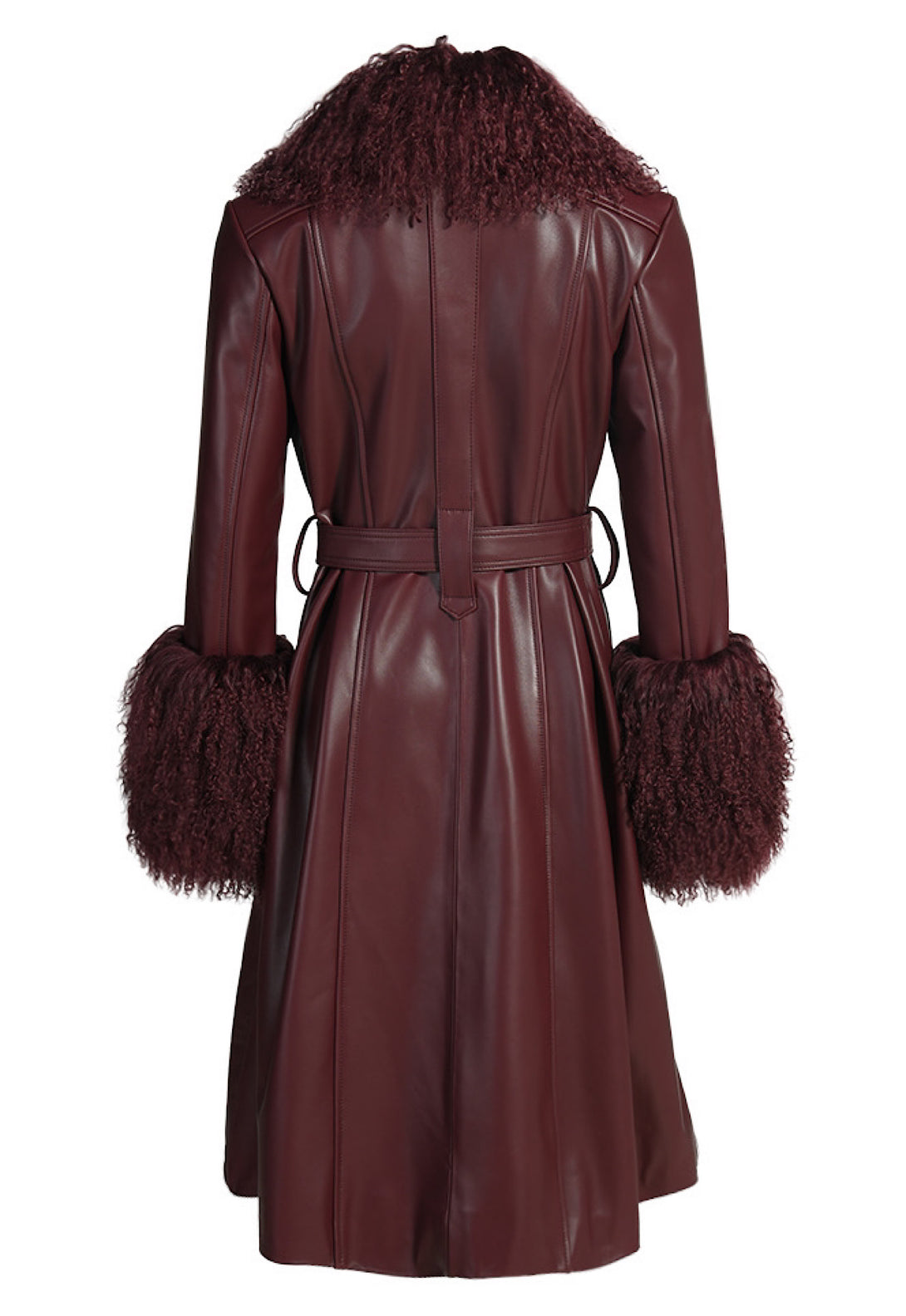 Burgundy trench coat for women, featuring a statement Mongolian fur collar and a classic double-breasted front. The coat is knee-length with a cinched waist and button details, blending refined style with cozy, eye-catching elements.