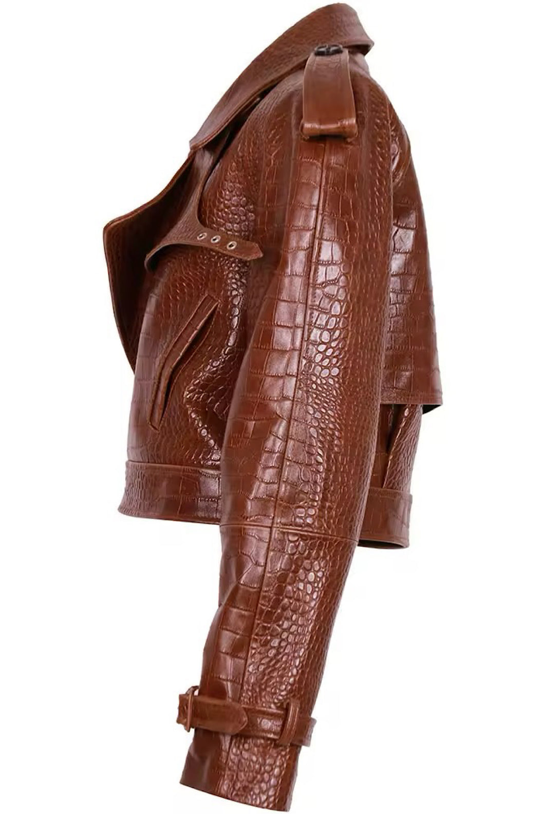 A fashionable cropped embossed leather jacket for women, showcasing a striking textured pattern and a tailored fit. Perfect for elevating casual looks.