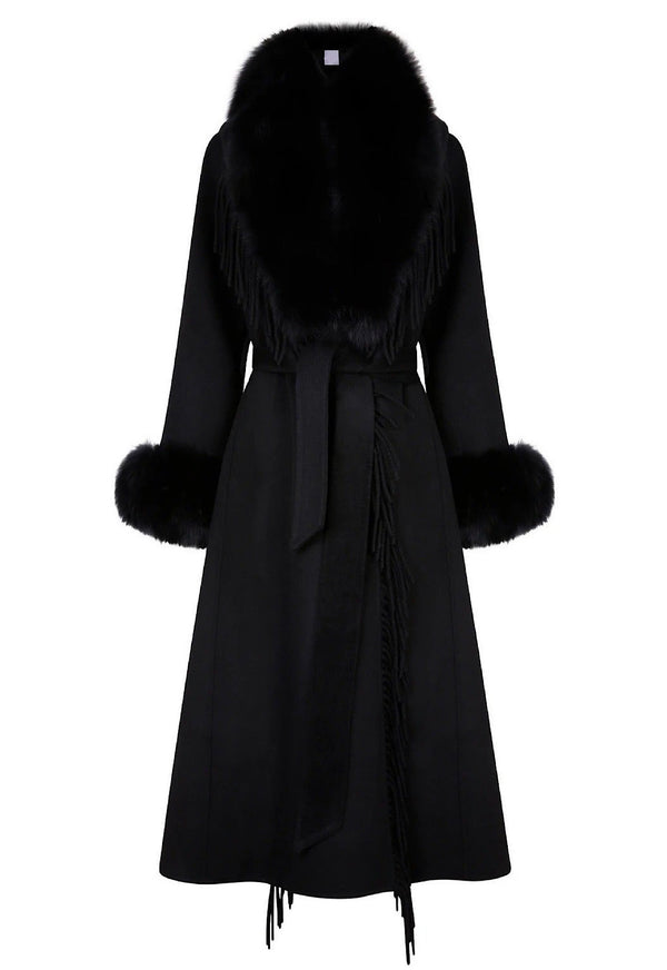 A stunning black fringe cashmere coat featuring a luxurious black fox fur collar. The unique fringe detailing adds a dynamic flair, making it a fashionable choice for winter.