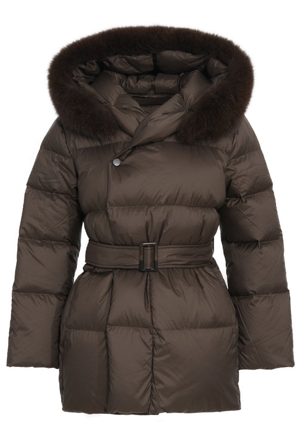 Chocolate Hooded Down Parka with Fox Fur