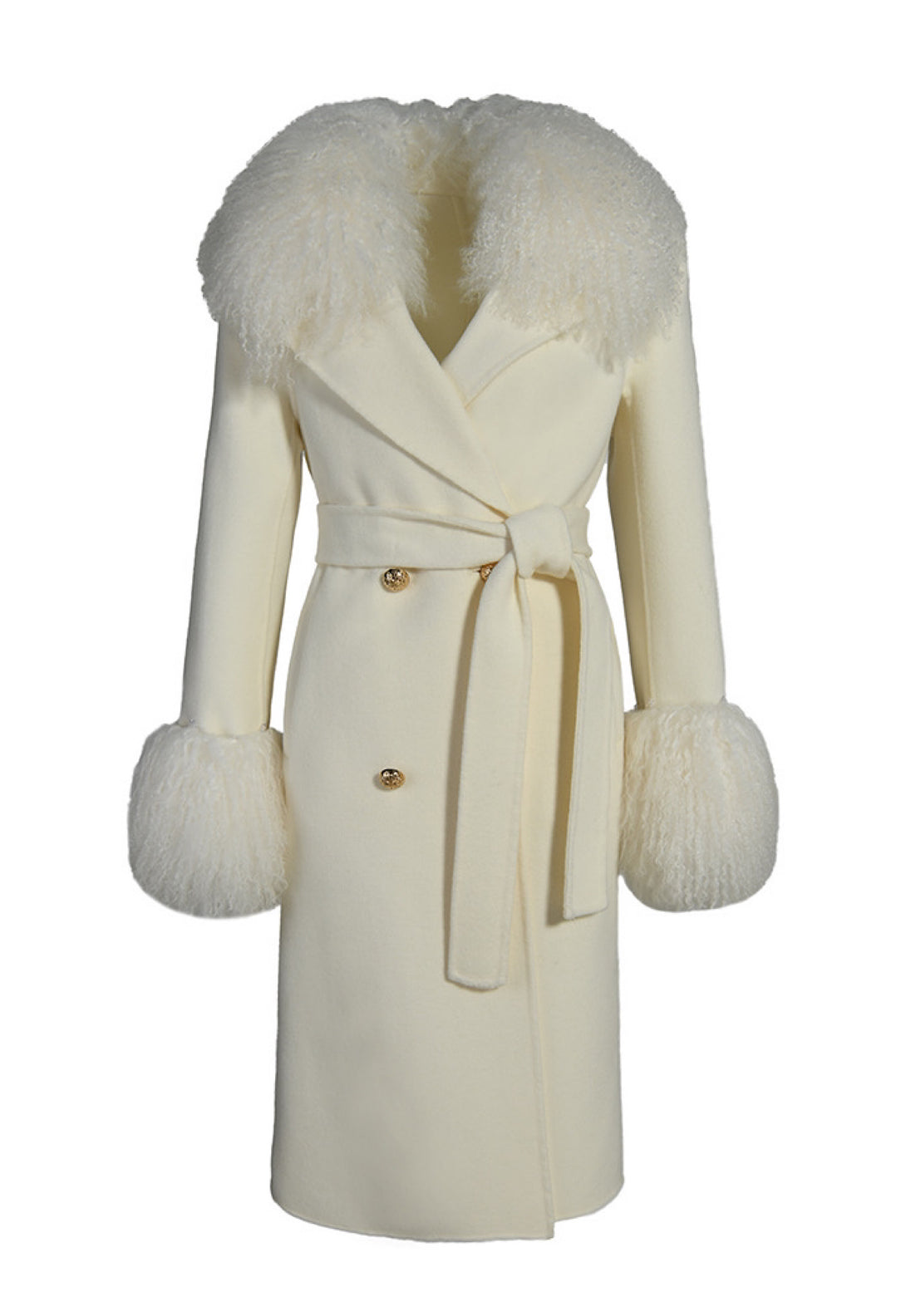 Elegant off-white cashmere coat with luxurious Mongolian fur cuffs and neck. 