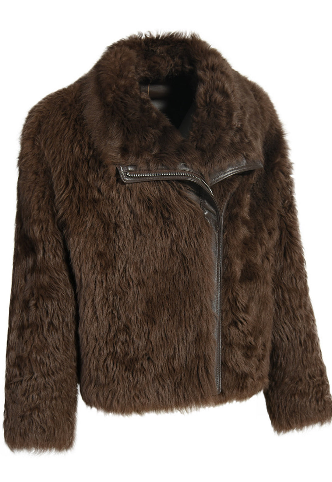 A stylish short brown shearling jacket with a plush lining and front zipper closure. The jacket features a high collar, zippered pockets, and a tailored fit, offering both warmth and a modern look.