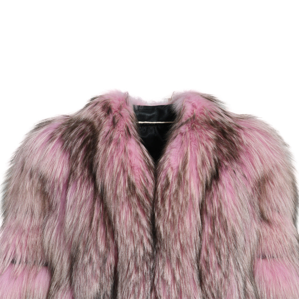 A beautifully crafted fox fur coat with a remarkable combination of pink and grey, giving it a special and luxurious appearance.