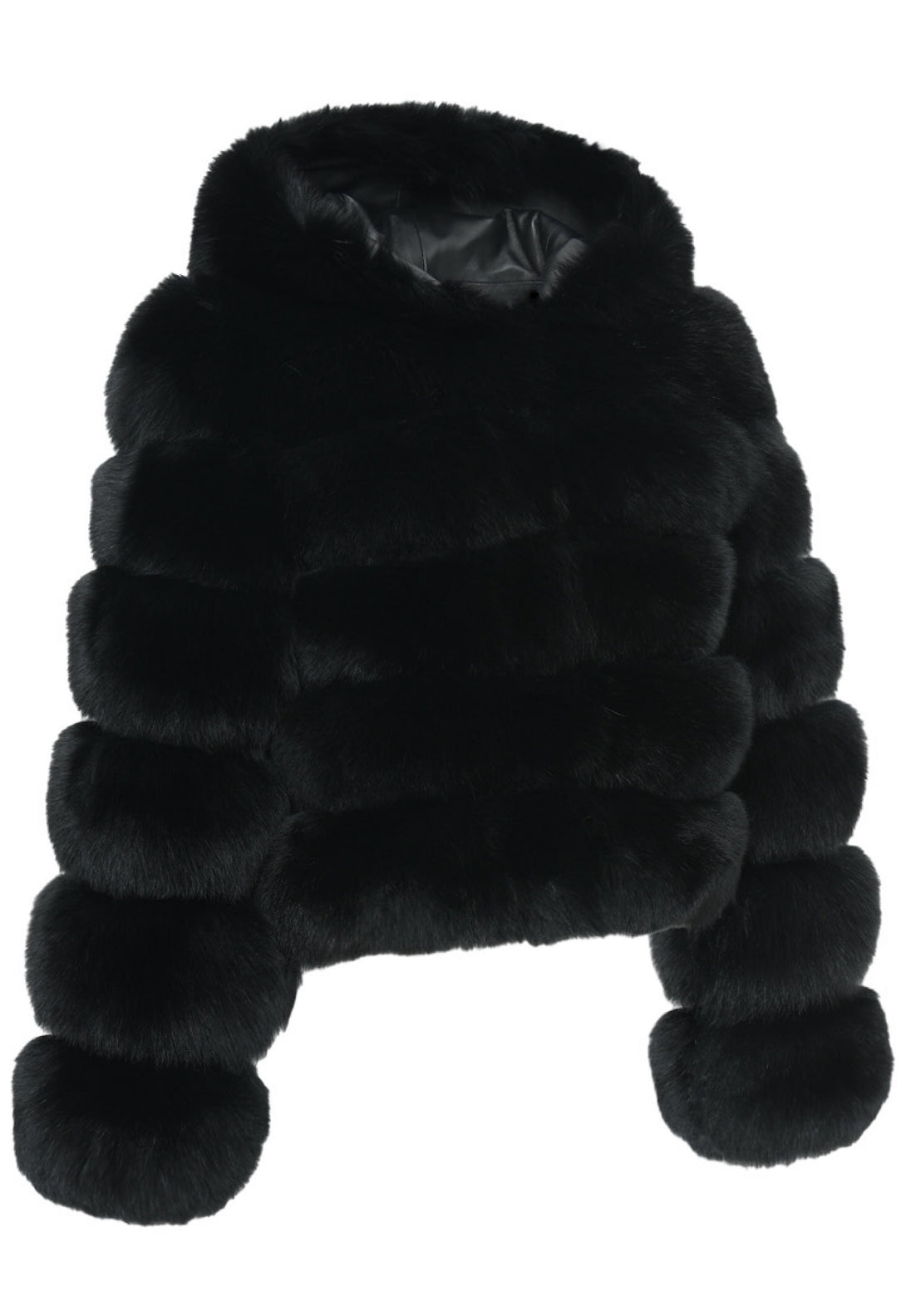 SERINA black hooded fox fur coat for women in soft luxury fur for winter with generous hood and horizontal panels.