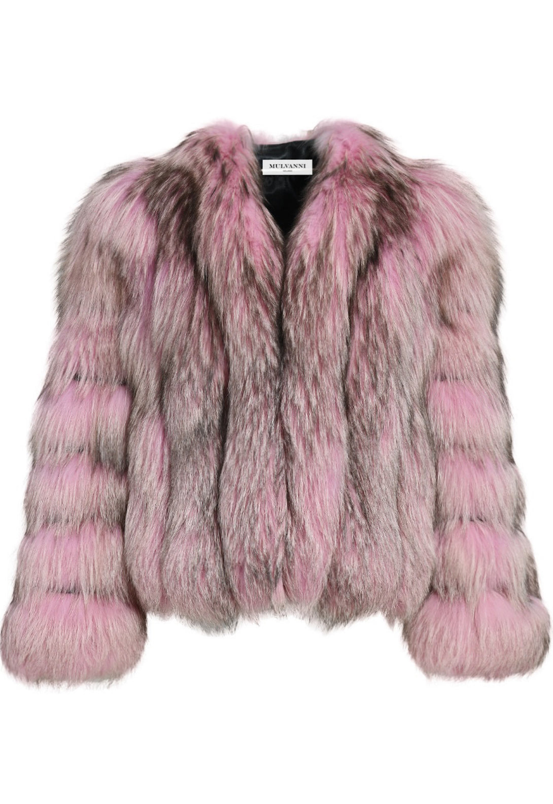 A stunning fox fur coat featuring a unique blend of pink and grey hues, creating a visually striking and special design. The coat's luxurious texture and vibrant colors add a bold touch to winter fashion.