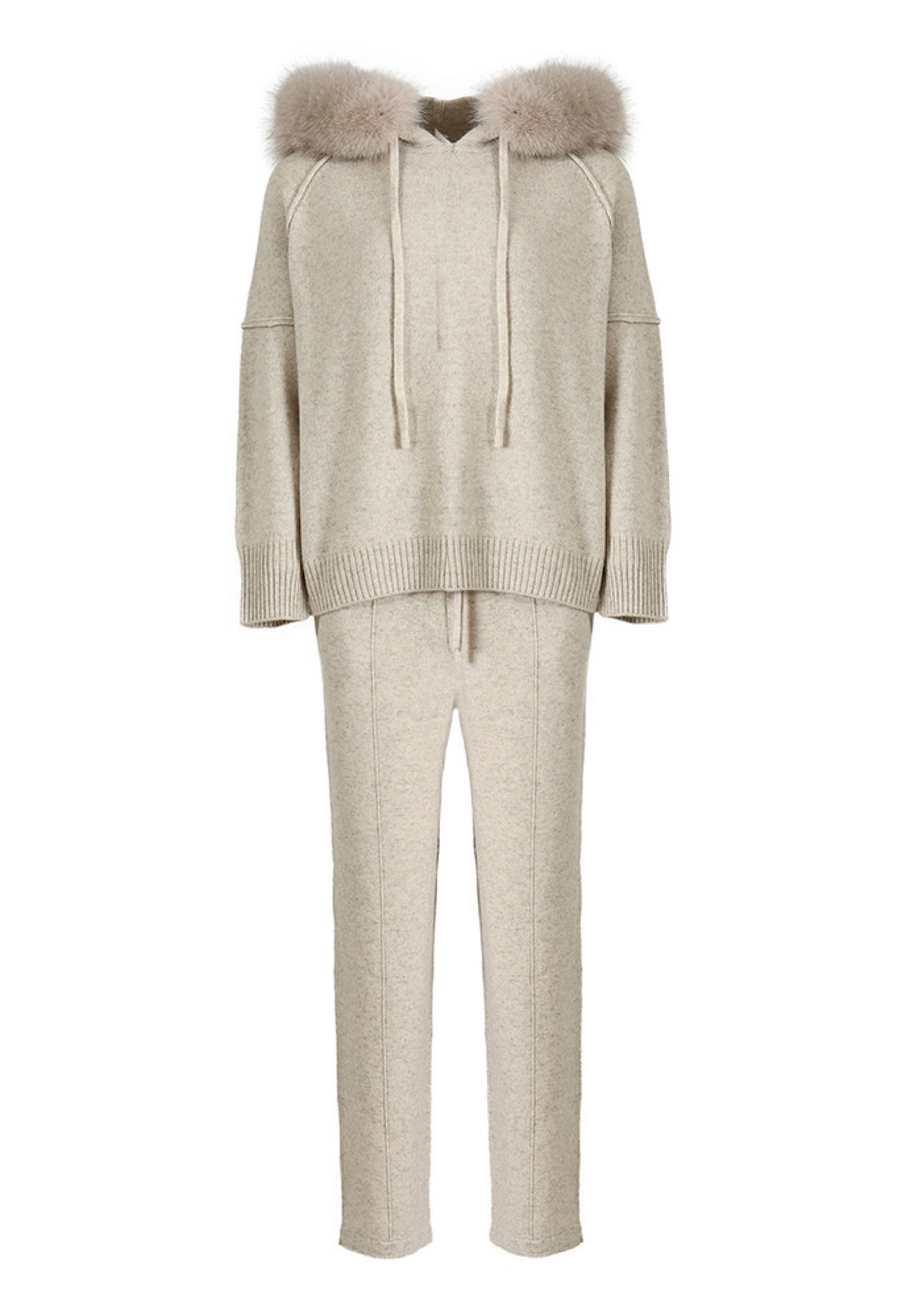 Latte Cashmere Tracksuit with fox fur, super soft 100% cashmere wool, women's luxury loungewear in relaxed fit, ideal for cooler days