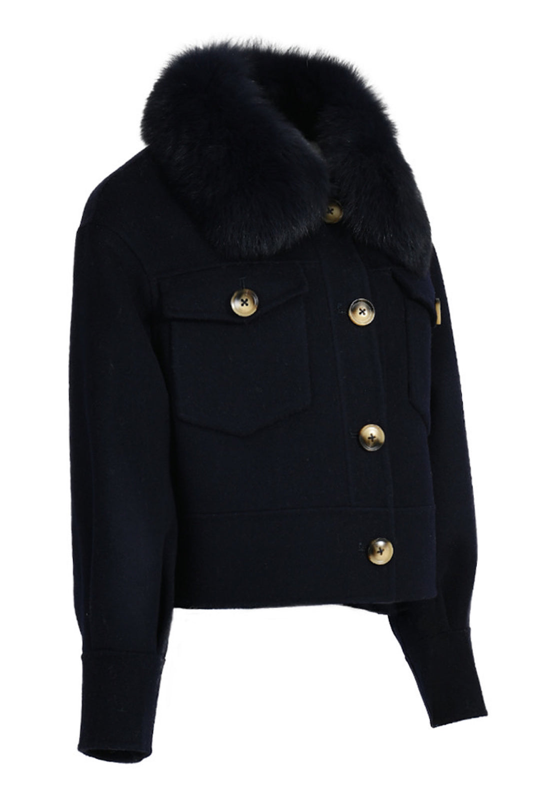 A chic short black cashmere coat with a plush fox fur collar, showcasing a fitted silhouette and a sophisticated button closure. The coat features elegant side pockets, making it a stylish choice for colder weather.