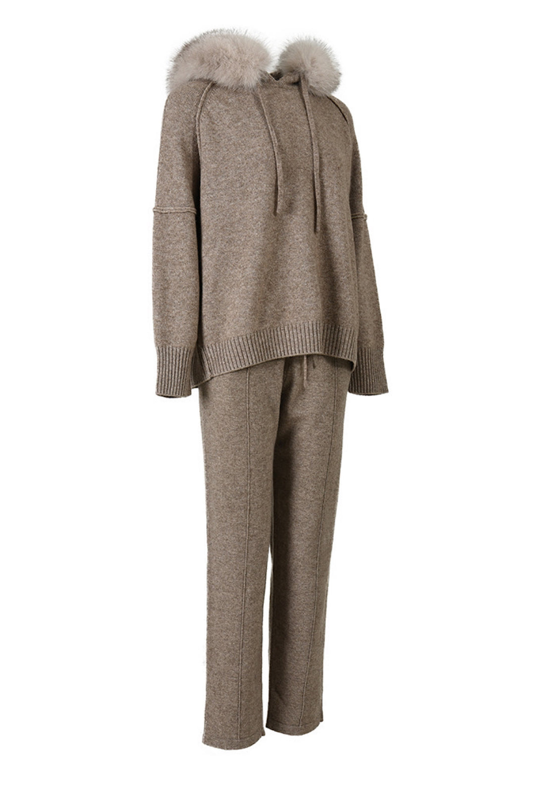 Cashmere tracksuit with detachable fox fur trim. 