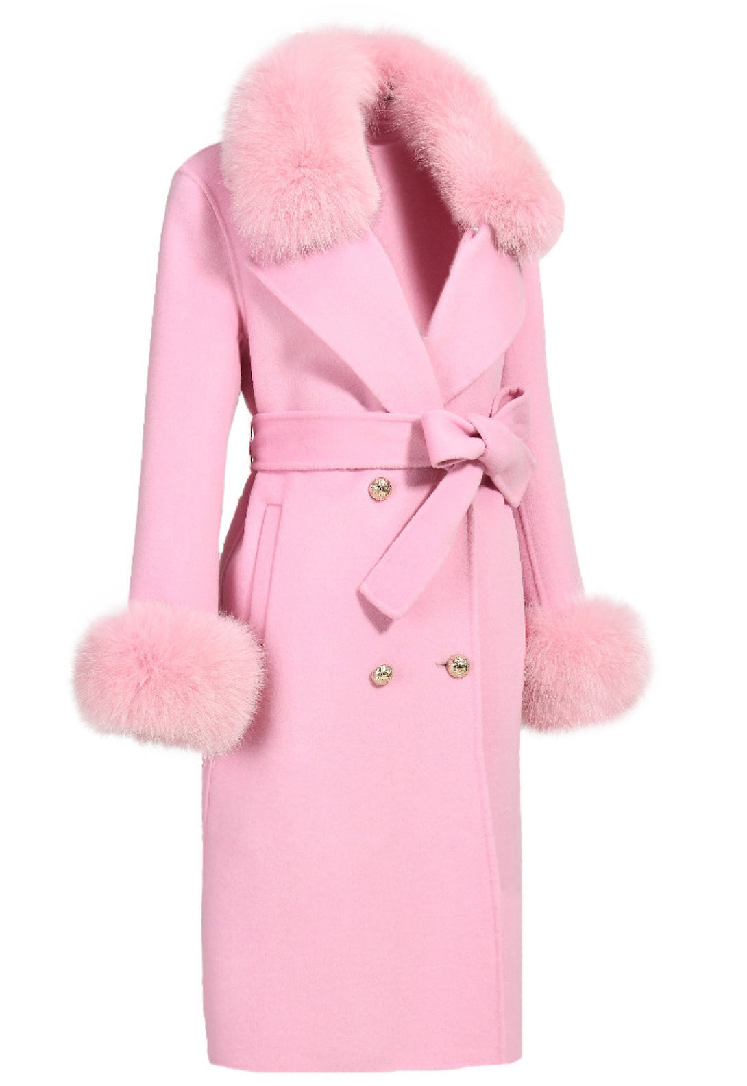 Elegant baby pink cashmere coat with plush fox fur collar and cuffs, tailored with a wide belt.