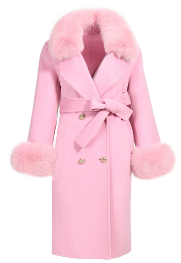 A luxurious baby pink cashmere coat with a fox fur collar and cuffs, featuring a double-breasted design and waist belt.