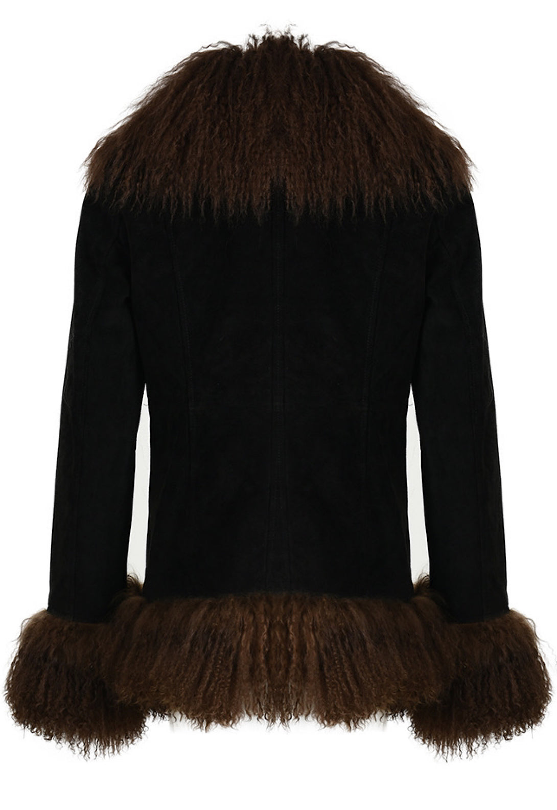 BLAIRE Suede Jacket with Mongolian Fur – back view showcasing luxurious brown suede and Mongolian fur trim on collar, cuffs, and hem. Designer quality.