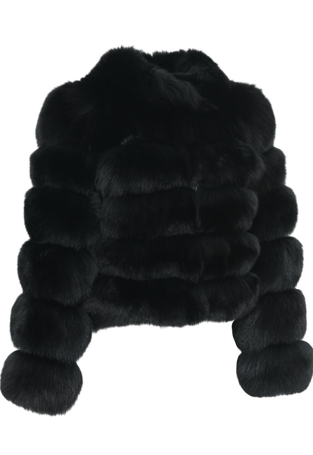 High-end women's black fur coat made from the finest Saga Furs, showcasing exquisite Italian craftsmanship and a sleek, modern silhouette.