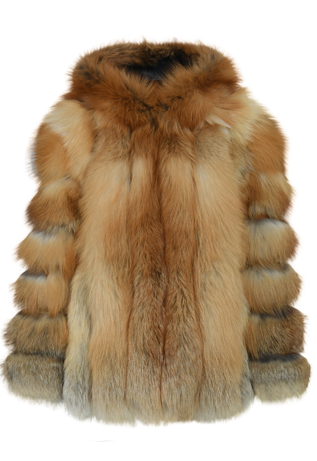 Elegant MADDEN women's coat made from plush red fox fur, complete with a warm hood, exuding luxury and sophistication.